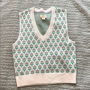 Maeve Cream and Green Patterned V-Neck Sweater Vest